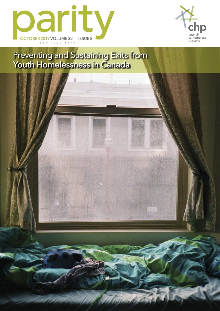 cover of Parity Magazine Volume 32, Issue 8, titled: "Preventing and Sustaining Exits from Youth Homelessness in Canada".