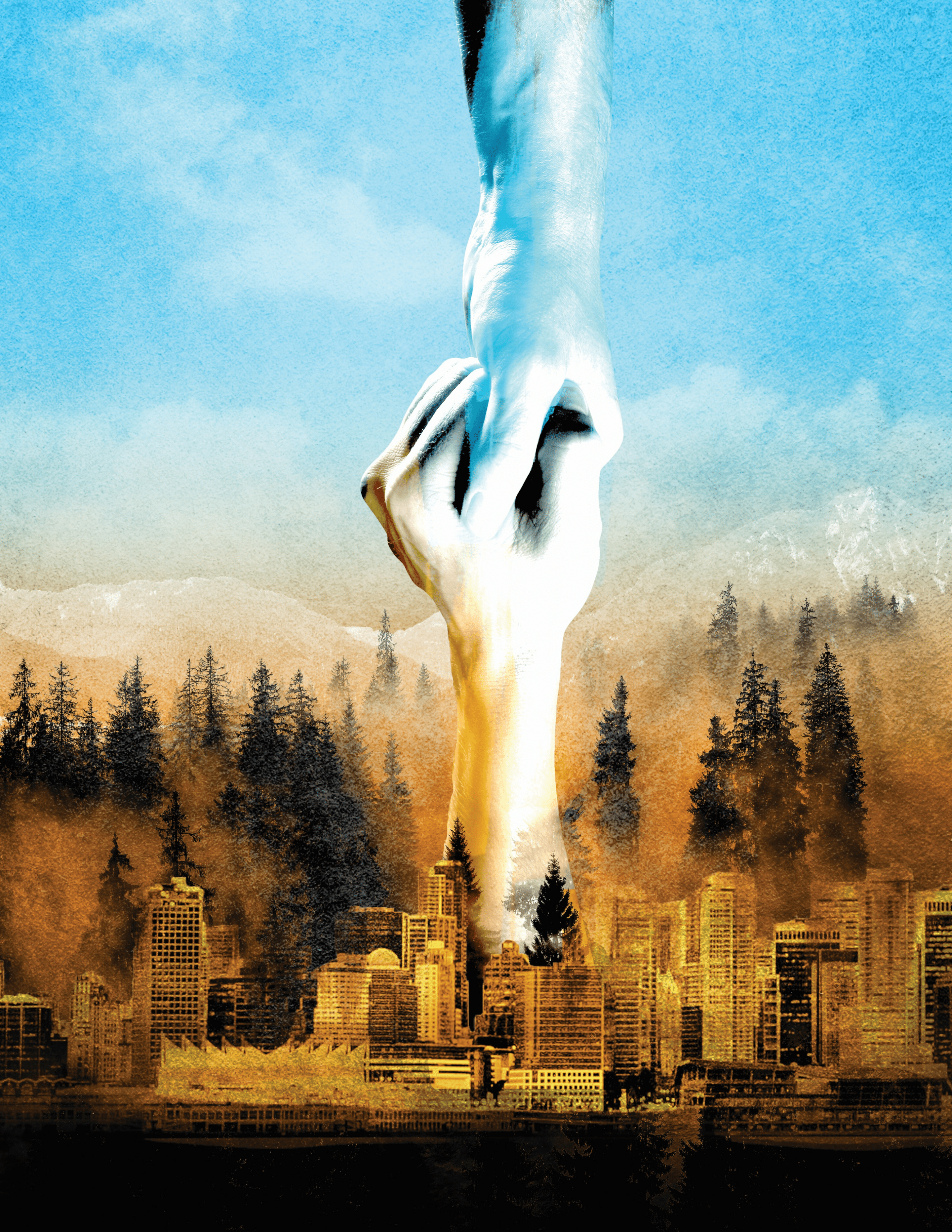 An illustration of two hands clasped. One is lifting the other up from a cityscape towards the mountains