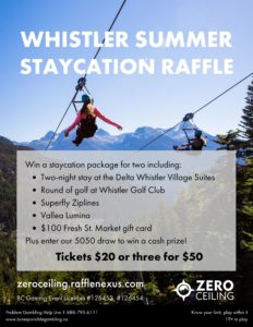 This is the poster for our raffle promotion. it shows two people having a lot of fun in Whistler, which you can too if you enter to win a stay in Whistler!