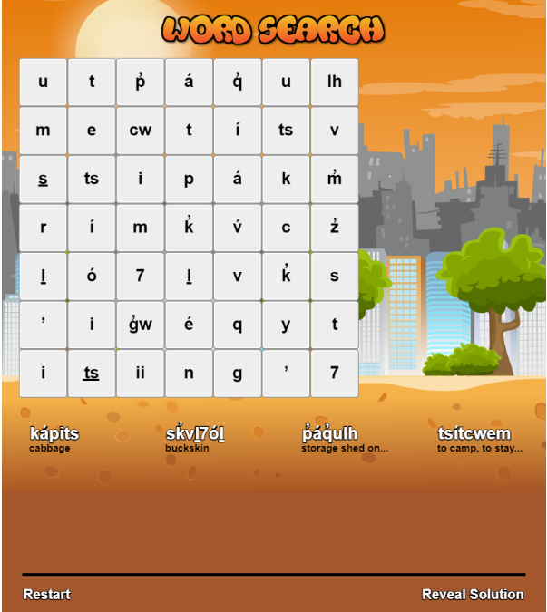 A screenshot of a wordsearch on the First Voices website