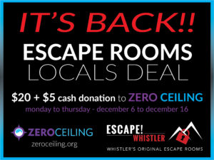 Poster for the Escape! Whistler local's deal on now until December 16 2021 only.