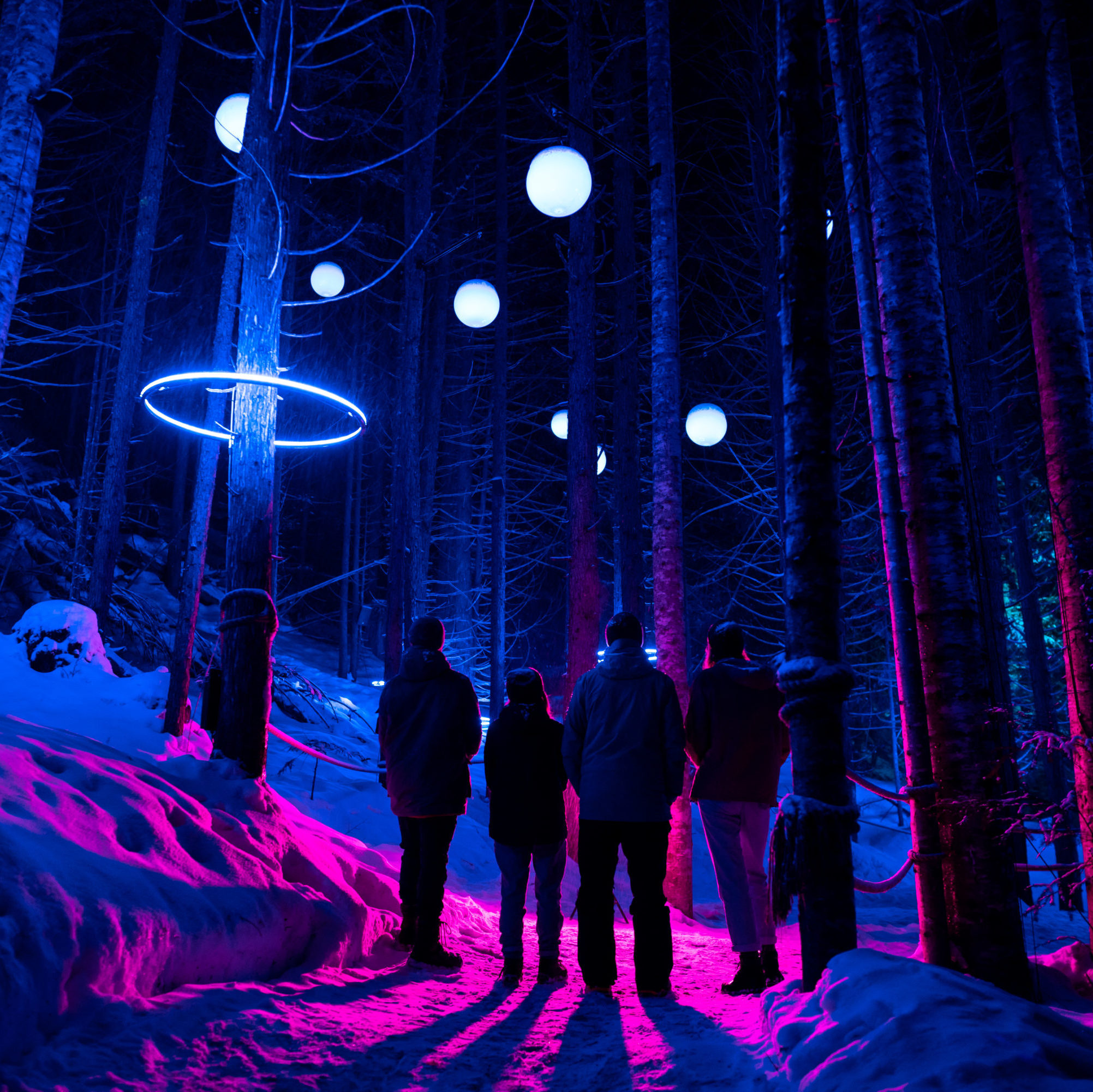 A group of Whistler locals stand beneath the colourful lights at Vallea Lumina to raise funds for ZC.